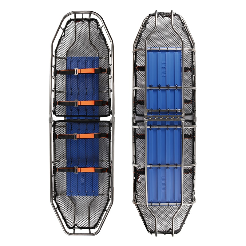 An illustration showing a basket stretcher in use during a rescue operation.