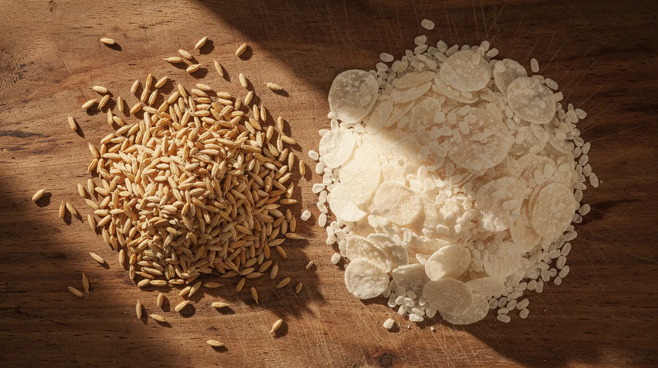 2a226d4b aaee 44bc a86b 4a1797cec753 The image shows a wooden surface covered with raw paddy grains alongside finished flattened rice flakes, also known as poha. This visual highlights the raw materials involved in the poha manufacturing process, showcasing the transition from raw paddy to the finished product in the food processing industry.
