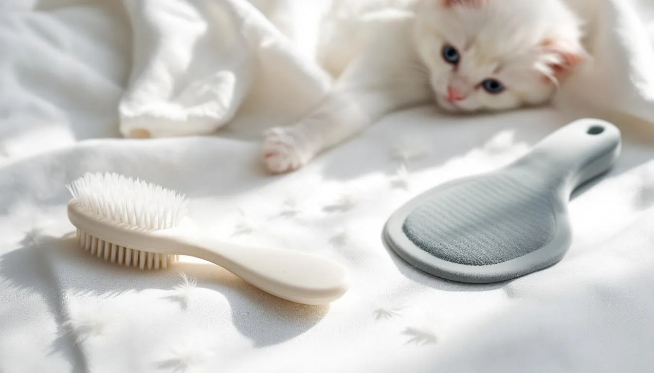 Een assortiment verzorgingstools en borstels ligt klaar voor witte kittens, waaronder Britse korthaar en Ragdoll. Deze tools zijn speciaal ontworpen om de vacht van kortharige katten te onderhouden en zorgen voor een goede verzorging van jonge kittens.