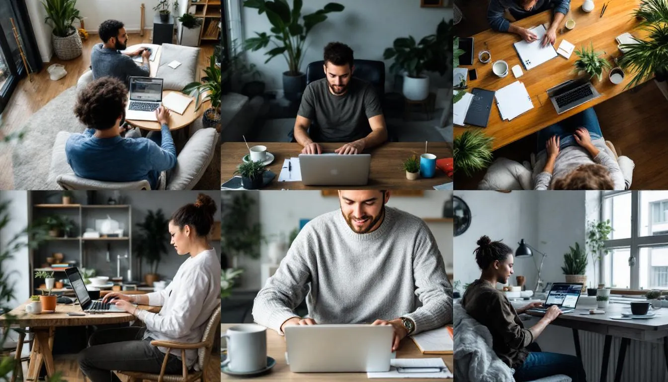 . Eine Gruppe von Crowdworkern arbeitet remote an verschiedene Aufträge, während sie auf ihren Laptops sitzen und sich über die Möglichkeiten der Crowdworking-Plattformen austauschen. Die Szene zeigt Menschen, die in einer digitalen Arbeitswelt tätig sind, um Aufgaben und Projekte effizient zu bearbeiten. .