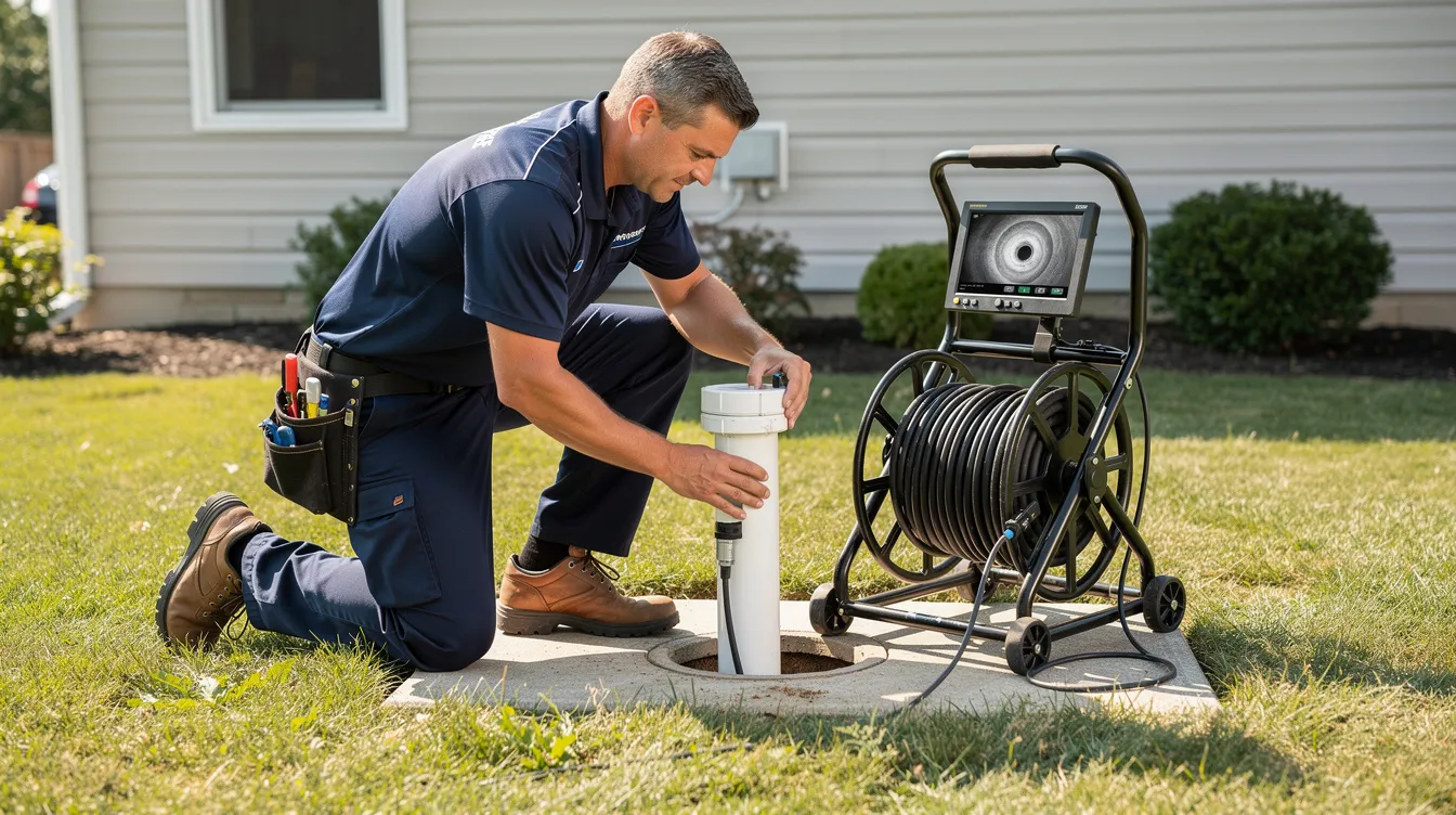 A plumber is seen feeding a flexible sewer camera cable into an outdoor cleanout access point on a residential property, preparing for a sewer camera inspection to assess the condition of the sewer line. This professional service helps identify potential issues such as tree roots or cracks in the sewer pipes, potentially saving homeowners from costly repairs in the long run.