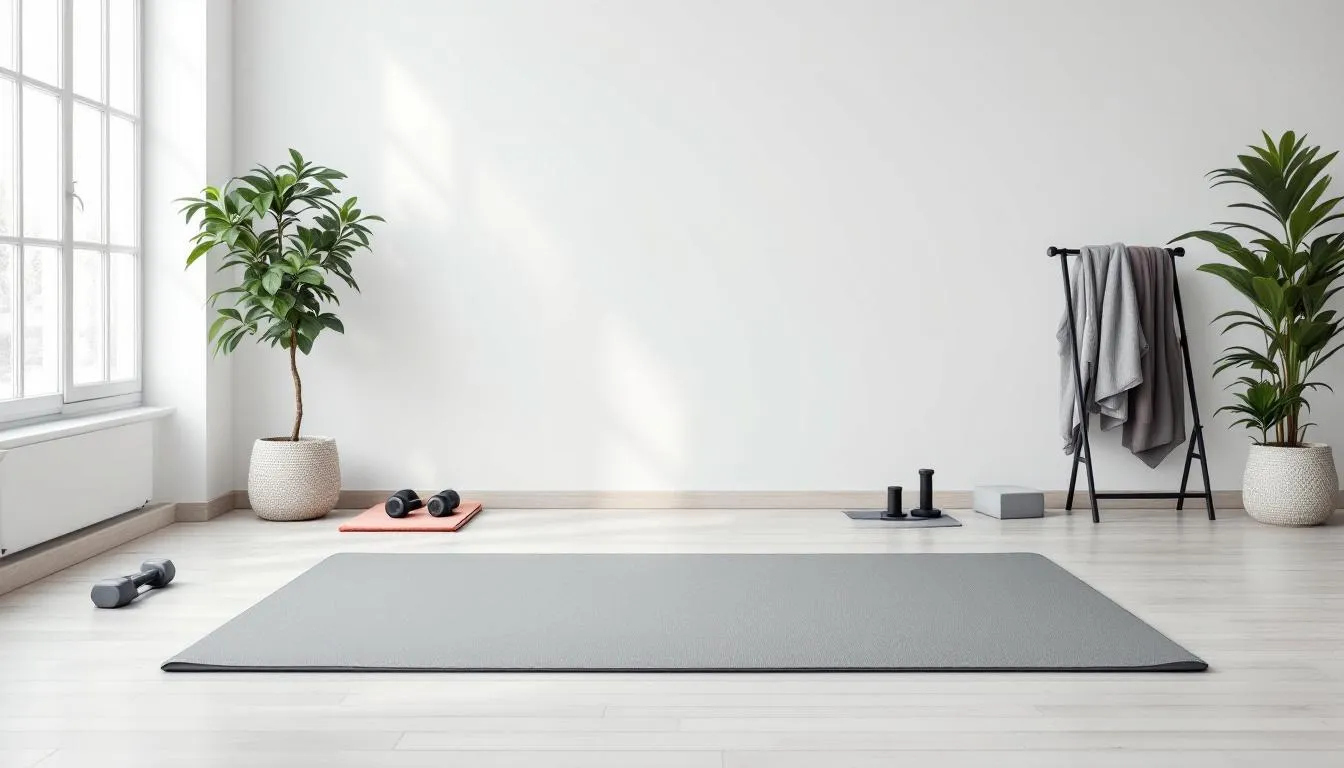 The image depicts a bright and organized home workout space featuring an exercise mat, small equipment like resistance bands and weights, and several potted plants. This inviting area is perfect for practicing pilates workouts and enhancing core strength, making it ideal for at-home fitness routines.