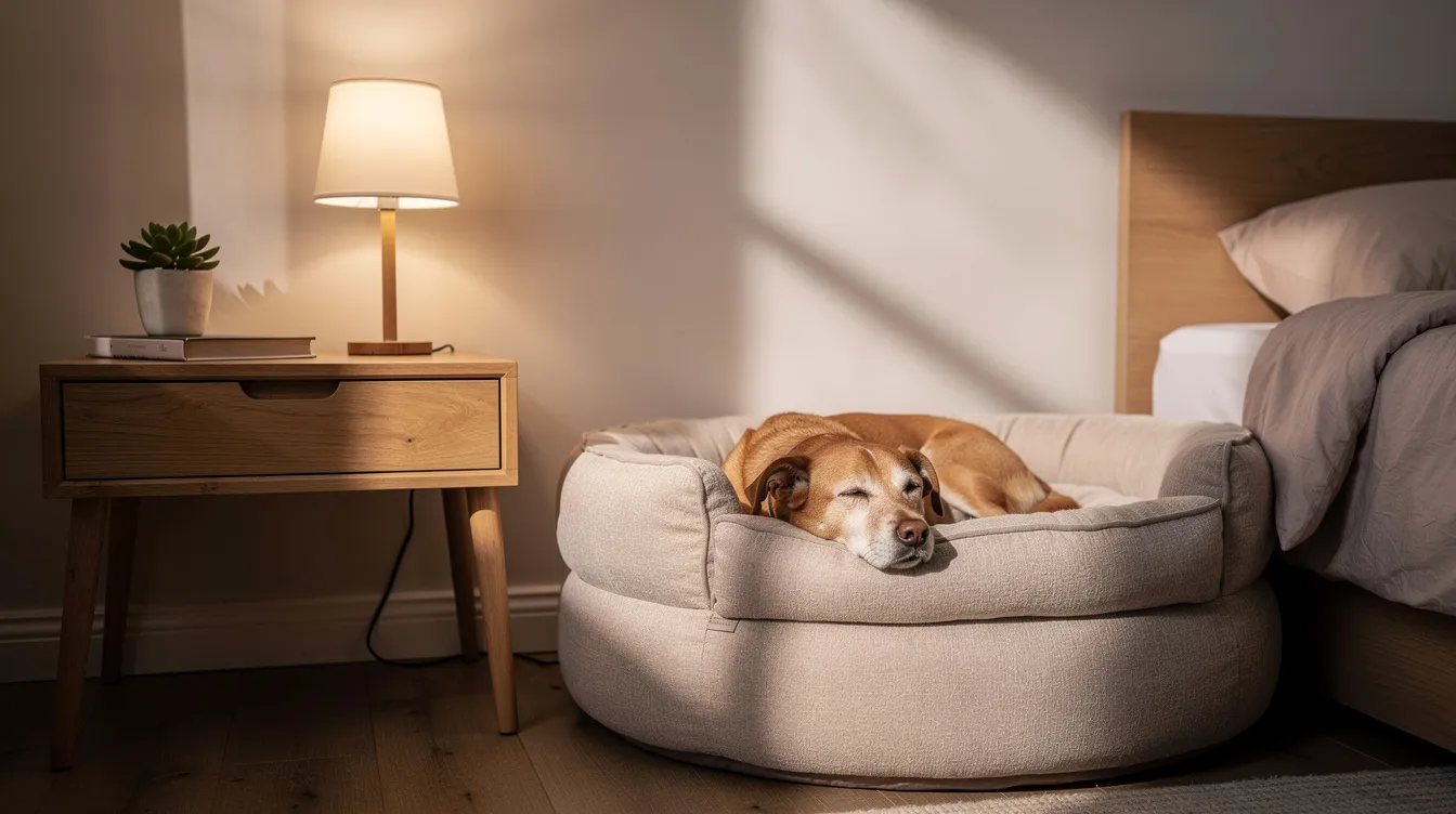 A cozy bedroom corner features a plush dog bed with a bolster, where a relaxed dog is comfortably lying down. The wooden nightstand beside it adds to the warm atmosphere, making it an ideal spot for pet parents to ensure their furry companions enjoy restful sleep.