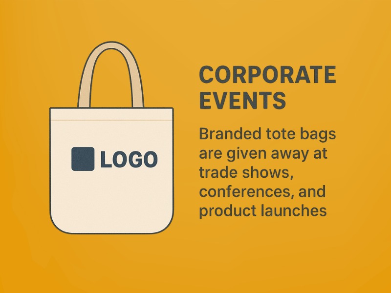 Branded custom tote bag giveaway at corporate events and trade shows.