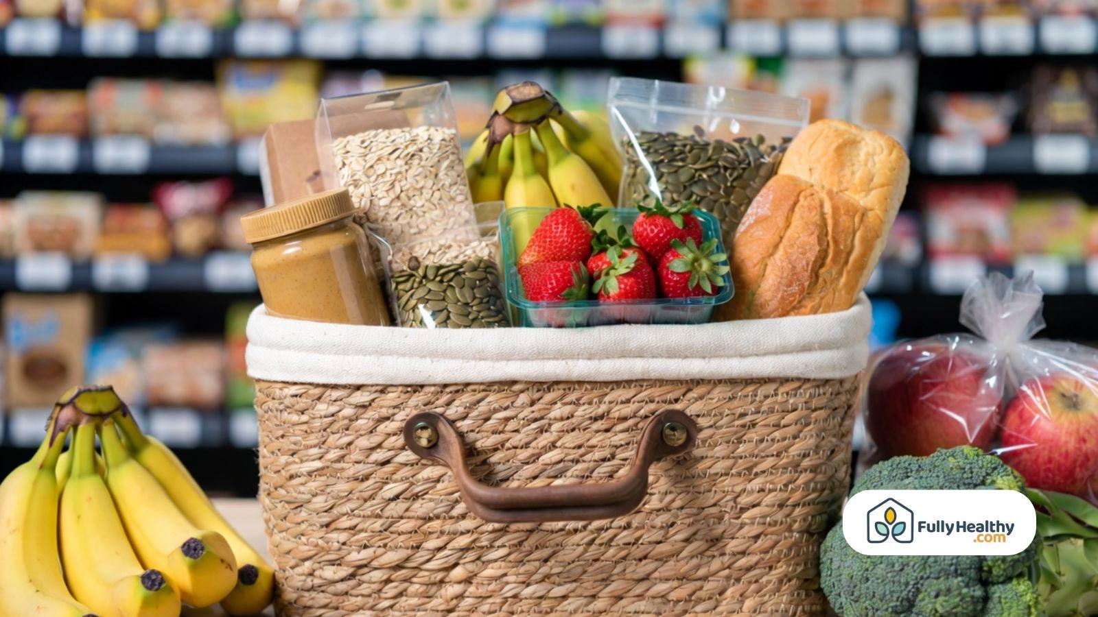 Grocery basket with peanut butter oats fruit seeds and fresh produce