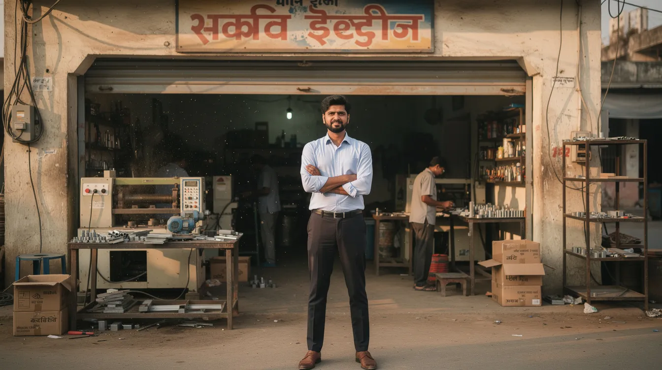 The image features an Indian entrepreneur proudly standing in front of a small manufacturing workshop, symbolizing the spirit of micro enterprises supported by schemes like the Pradhan Mantri Mudra Yojana. The entrepreneur embodies the success of small business owners who have successfully repaid previous loans and benefited from financial assistance through collateral-free loans from small finance banks.