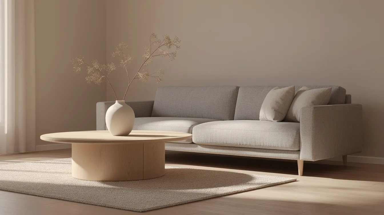 Een japandi woonkamer met een lage grijsbeige bank en een ronde houten salontafel, omringd door rust. In het midden staat een vaas met droogbloemen, wat bijdraagt aan de natuurlijke uitstraling van het minimalistische interieur.