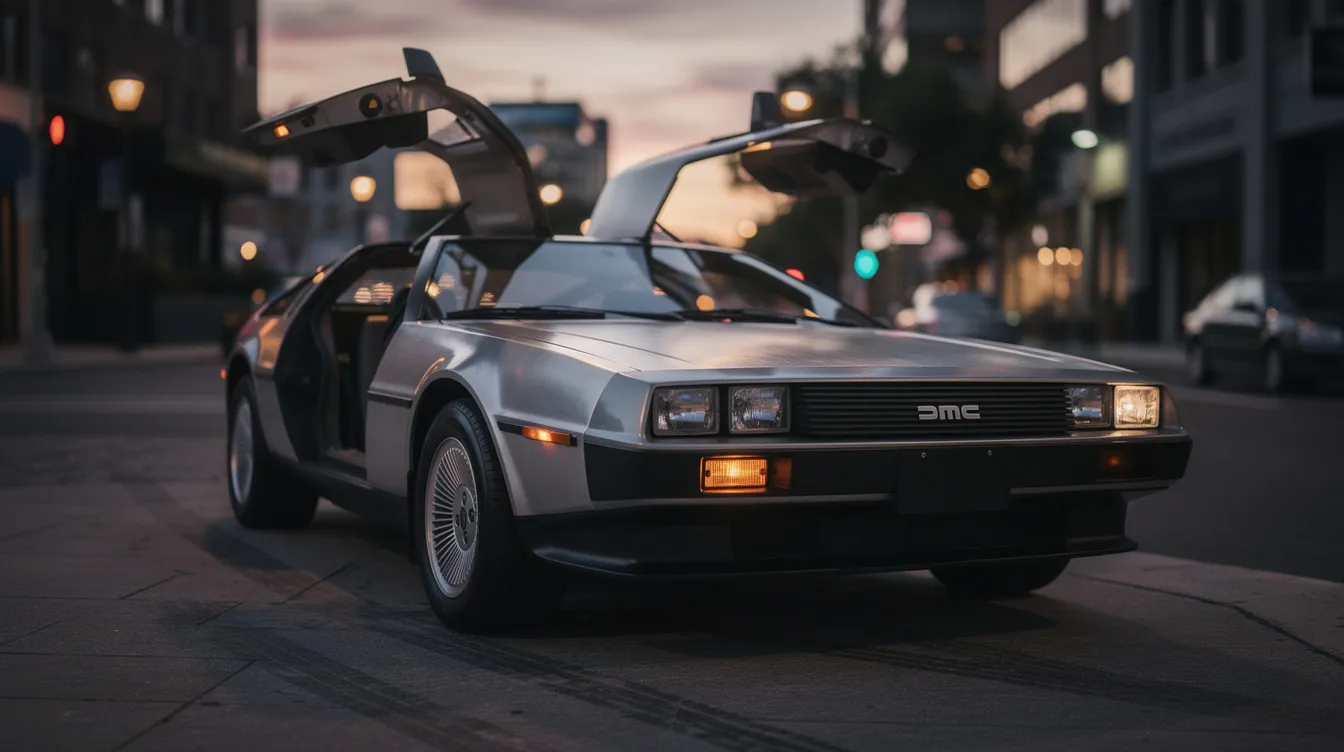 Das Bild zeigt einen ikonischen DeLorean, das berühmte Auto aus dem Film "Zurück in die Zukunft", das als Zeitmaschine dient. Der DeLorean hat die charakteristischen Flügeltüren und glänzende Karosserie, die ihn zu einem Klassiker der Science-Fiction-Filme machen.