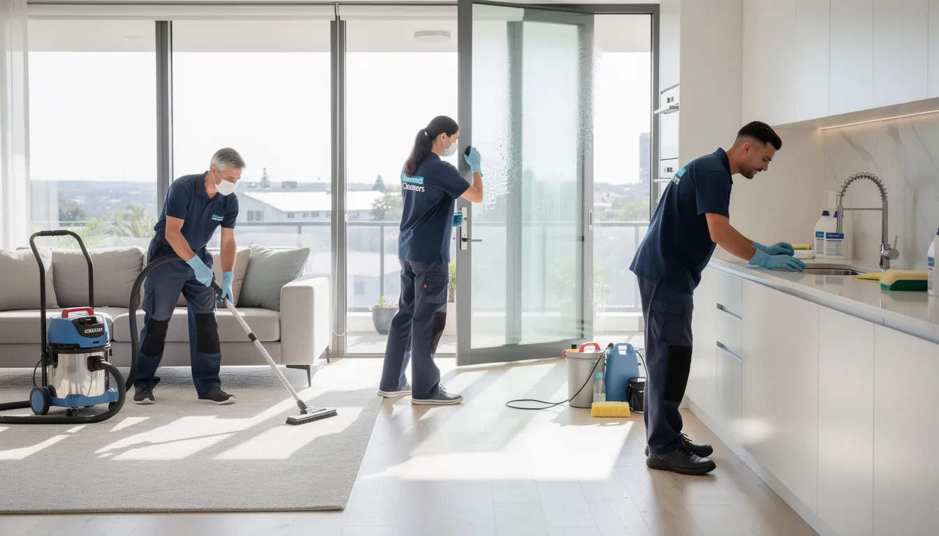 The image depicts a team of professional bond cleaners diligently working on a rental property, showcasing their cleaning supplies and equipment. They are focused on performing end of lease cleaning tasks, ensuring that all surfaces, including the bathroom and kitchen areas, are cleaned to meet industry standards for a successful final inspection.