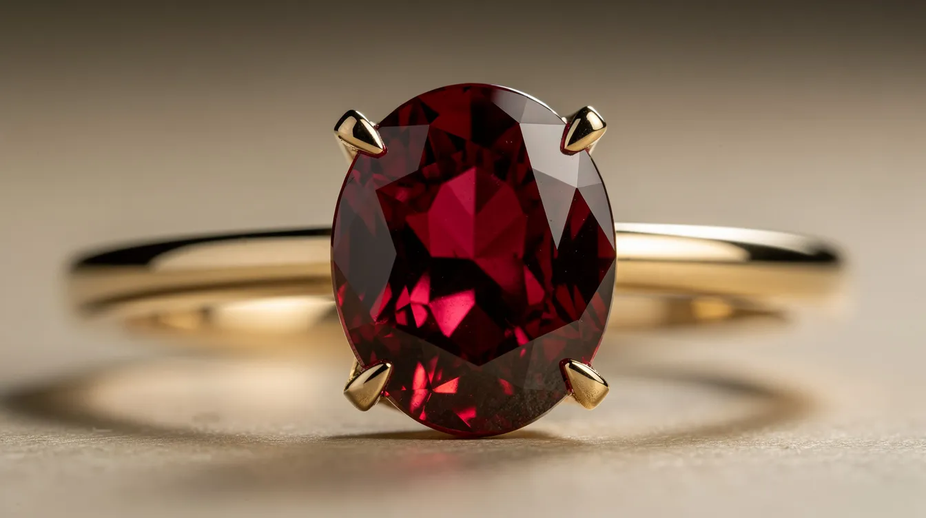 A close-up view of a deep red ruby gemstone elegantly set in a gold ring, showcasing its timeless beauty and classic appeal. This striking piece of birthstone jewellery represents July's birthstone, symbolizing love and good fortune.