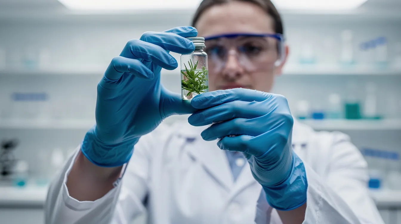 A laboratory scientist wearing gloves is closely examining a glass vial containing a plant extract under bright lab lighting, highlighting the meticulous nature of research in the cannabis industry. This scene reflects the ongoing exploration of hemp-derived products and their legal implications in relation to thca legal status and federal guidelines.