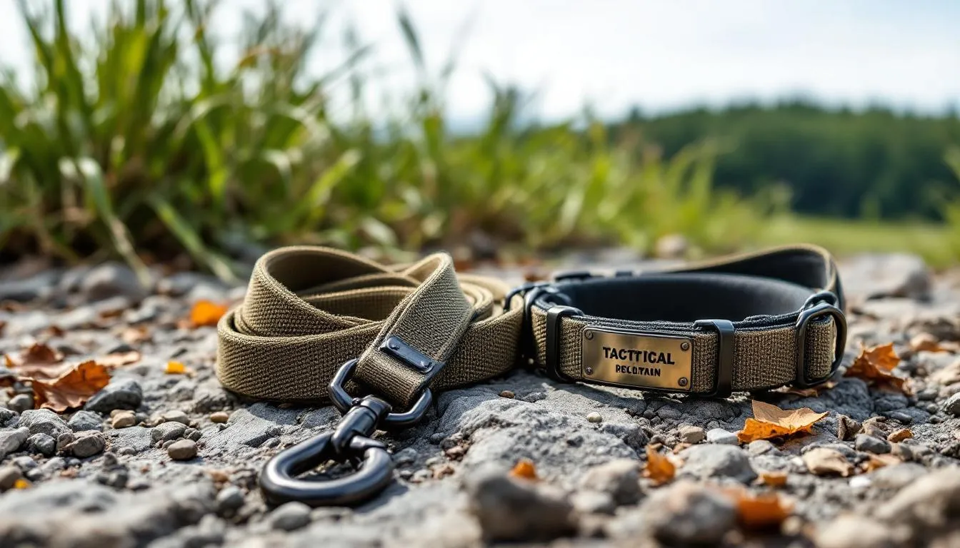 A tactical dog leash and collar set displayed against a natural outdoor backdrop.