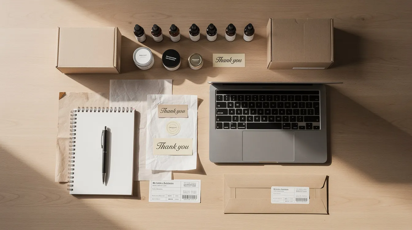 The image depicts a small desk setup featuring a laptop, a notebook, various product samples, and packaging materials, ideal for someone starting their own dropshipping business. This organized workspace suggests a focus on efficient inventory management and customer satisfaction, essential for a successful dropshipping business model.
