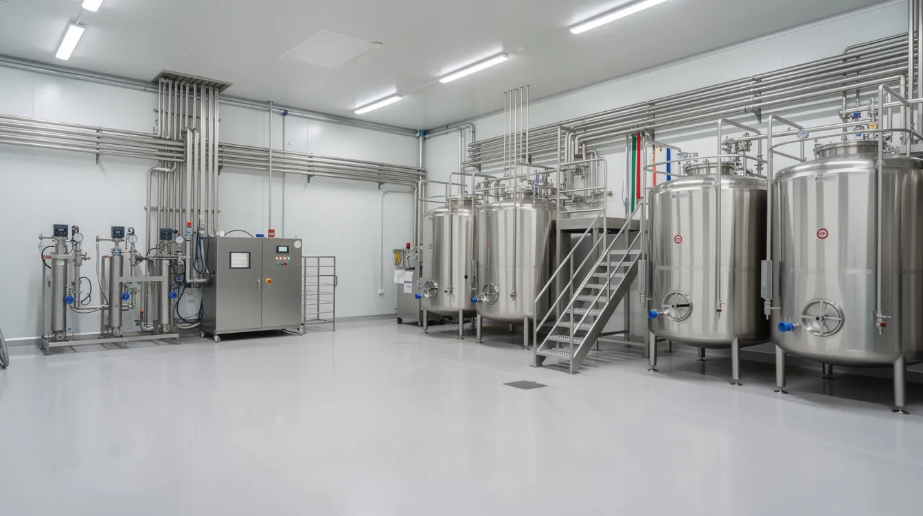 2a2f2ad6 2da0 40ff b2ad bde5bbd8d83b The image depicts an industrial dairy processing facility featuring large stainless steel tanks, intricate piping, and various equipment within a clean production hall. This setting highlights the manufacturing process of dairy-based beverages, emphasizing quality control systems and regulatory compliance essential for maintaining food safety and operational efficiency.