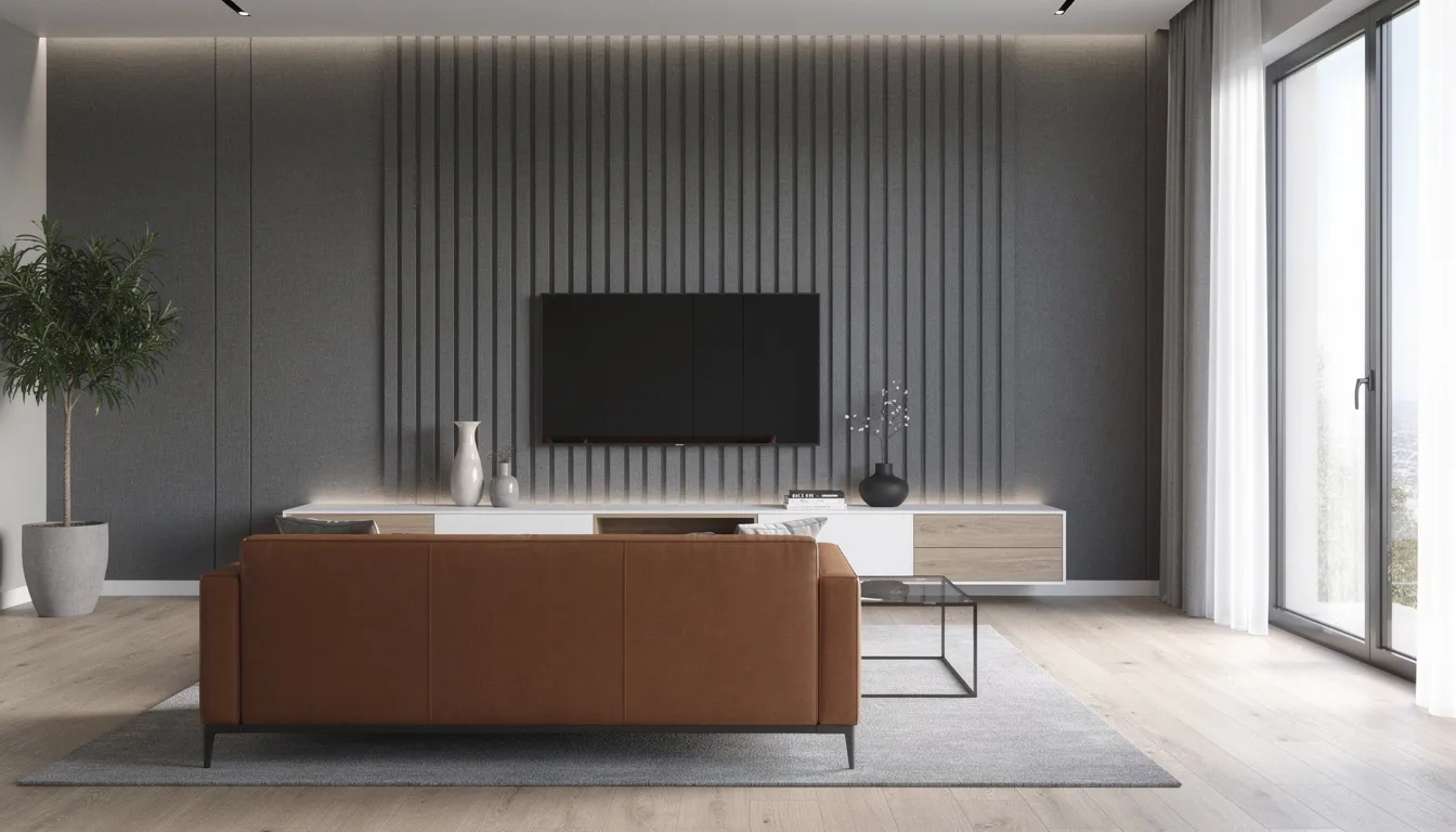 Een moderne woonkamer met antracietkleurige wandpanelen die een elegante uitstraling geven, achter een strak tv-meubel en een leren bank. De combinatie van de akoestische wandpanelen en het stijlvolle interieur creëert een sfeervolle en functionele ruimte.