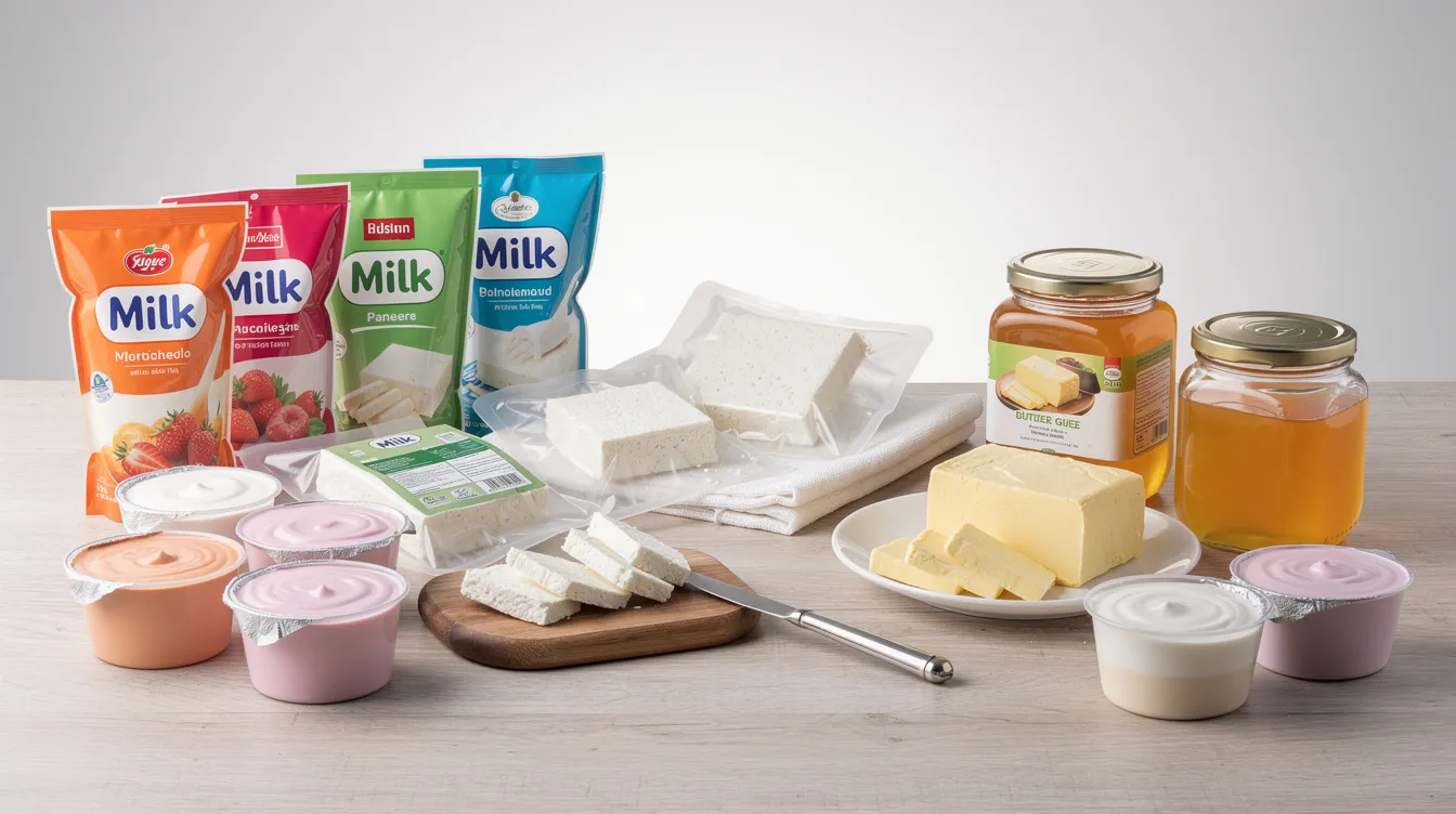 2a3535f4 c801 4cf7 87fd f1b41b9d8a63 The image features a variety of dairy products including milk pouches, blocks of paneer, jars of ghee, butter, and cups of flavored yogurt, all neatly arranged on a table, showcasing the diverse offerings from dairy farms. This assortment highlights the importance of risk management and sensitivity analysis in the dairy project, ensuring the successful investment in maintaining high-quality dairy products.