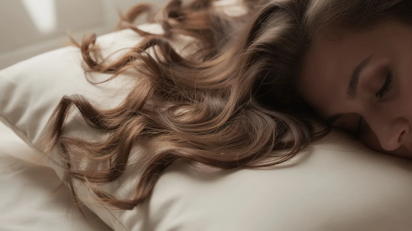 A person with loose wavy hair is resting on a smooth pale silk pillowcase, showcasing the benefits of silk for hair health and delicate facial skin. The soft surface of the pure mulberry silk helps prevent sleep wrinkles and frizz, making it an ideal choice for those with sensitive skin.