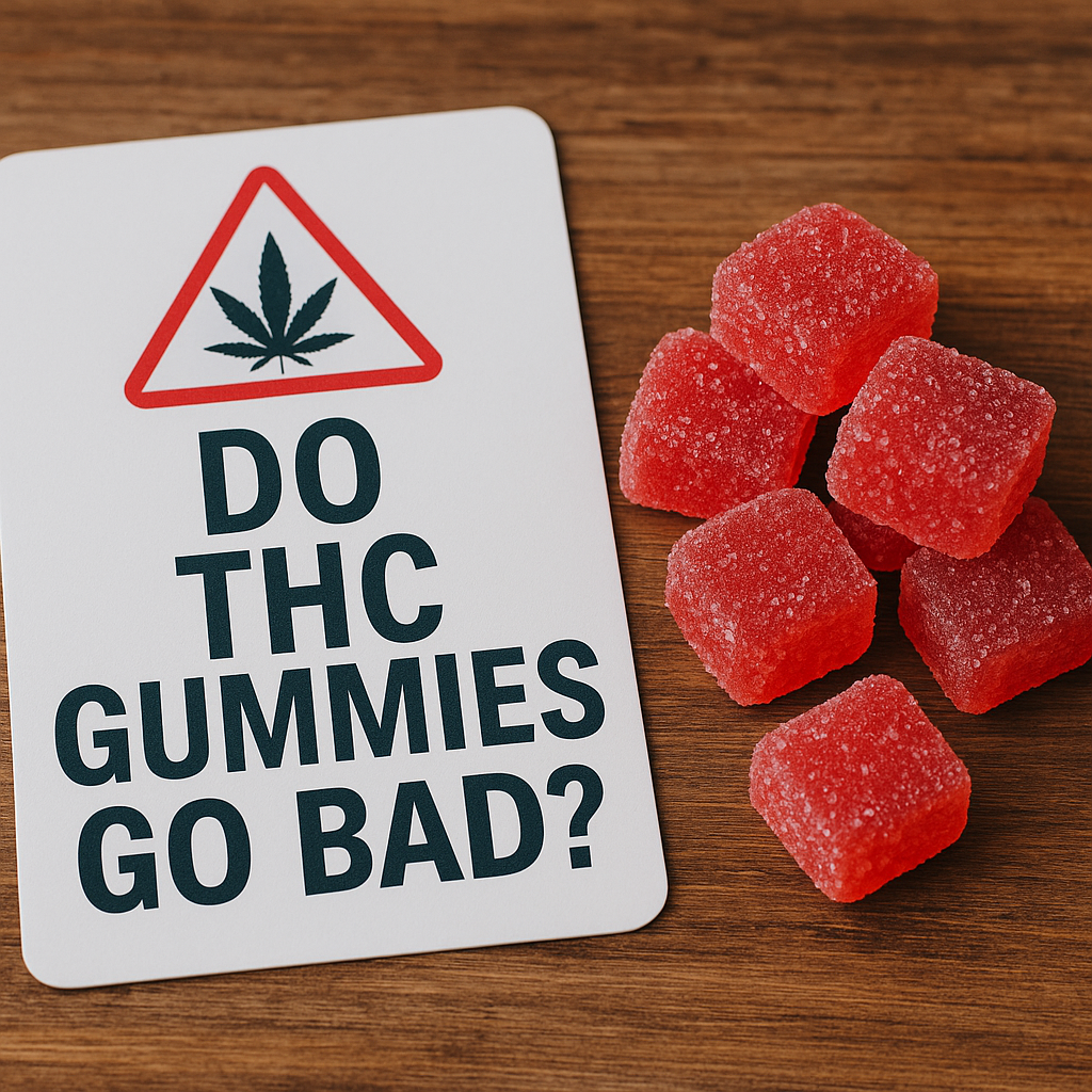 Red THC gummies on a wooden surface next to a white card that reads “Do THC Gummies Go Bad?” with a cannabis warning symbol at the top.