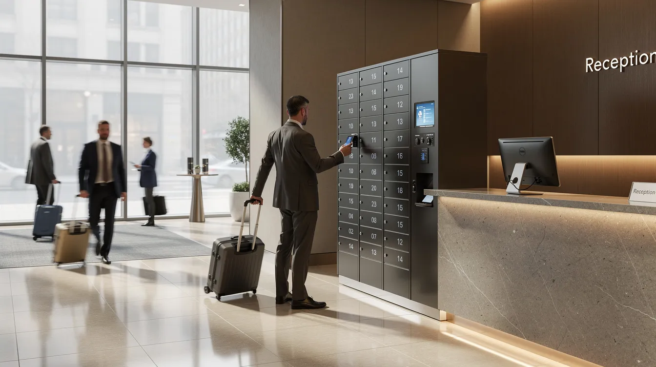 A modern hotel lobby showcases a sleek phone charging locker station next to a stylish reception desk, with guests walking through the space. This setup highlights the hotel's commitment to providing convenient charging options for travelers, enhancing their stay and addressing the needs of EV drivers.