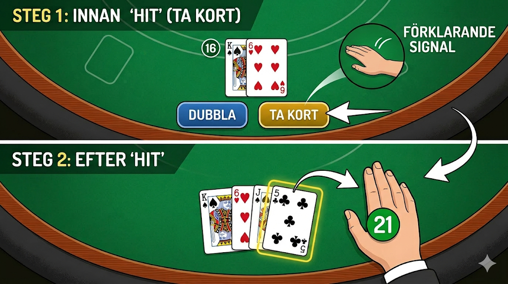 Blackjack strategi där spelaren väljer att ta kort eller stanna efter två kort i online casino