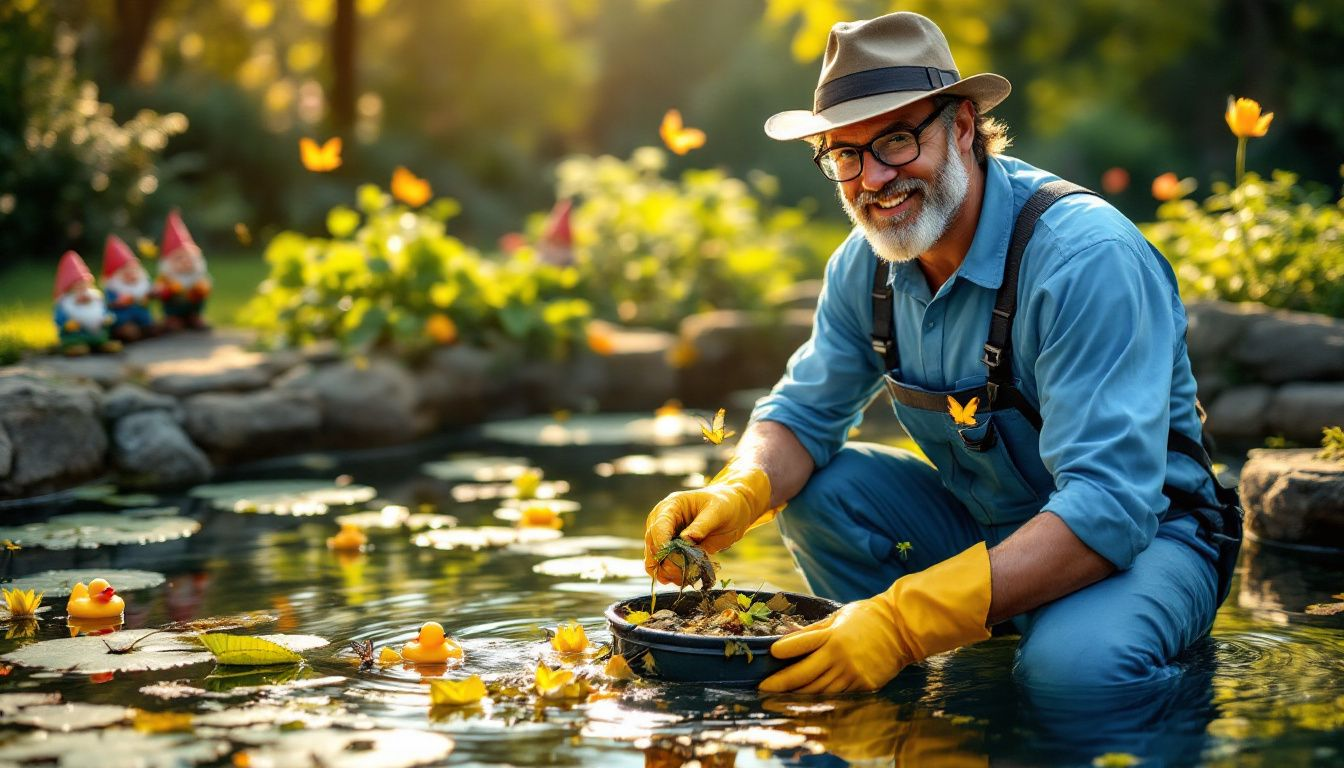 A pond maintenance professional cleaning debris from a garden pond.