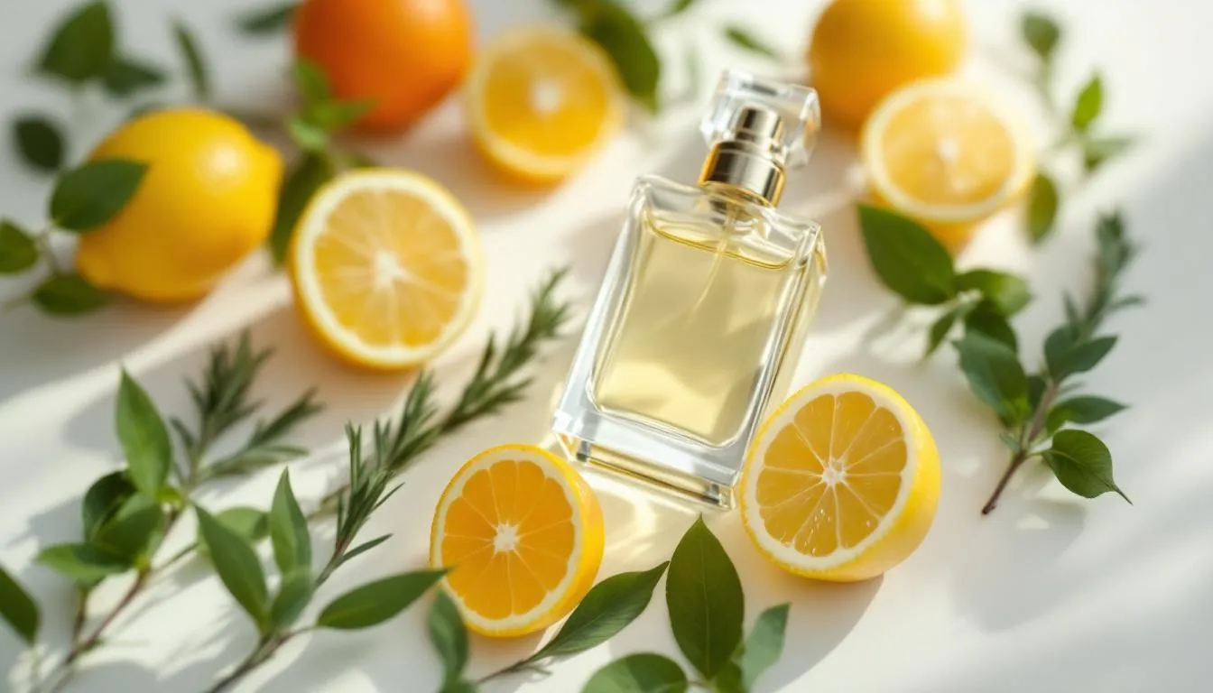 Eine Auswahl typischer Kopfnoten in Parfums, wie Zitrusfrüchte und Kräuter.