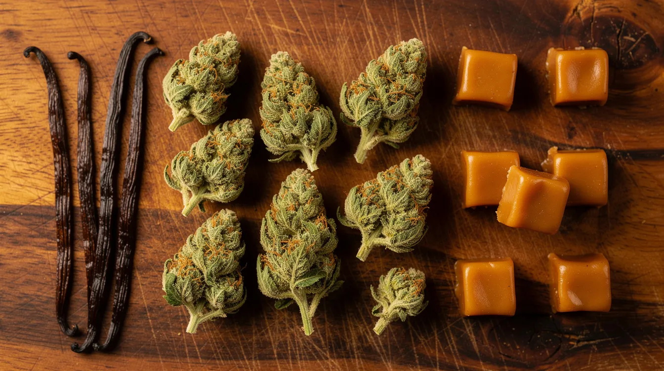 The image features aromatic cannabis flower with a thick frosty coating, arranged alongside vanilla bean pods and caramel candy on a rustic wooden cutting board. This visually appealing composition hints at the sweet notes and calming effects of the mendo breath strain, perfect for evening use and stress relief.