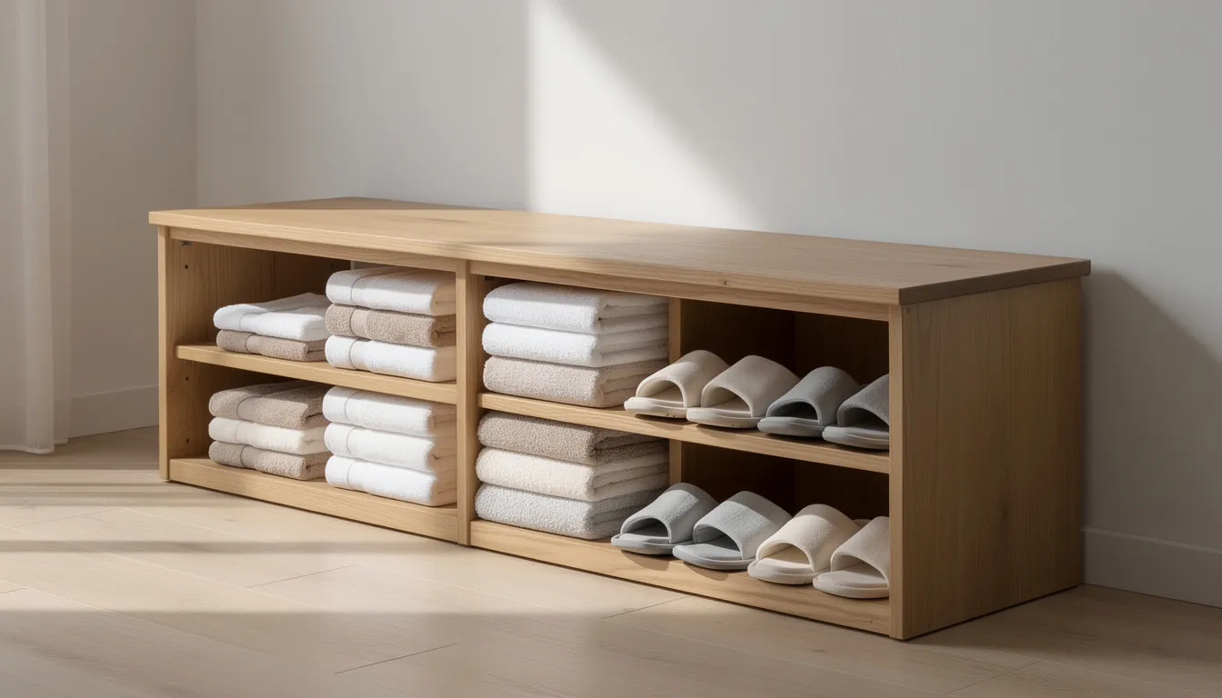 The image features a built-in wooden storage bench in a sauna changing area, with open compartments displaying neatly folded towels and slippers, enhancing the sauna experience. This rustic design provides a functional and spacious solution for bathers to relax and prepare in comfort.