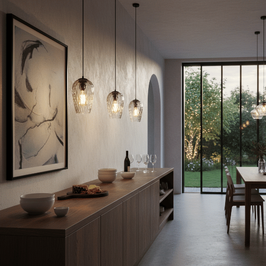Row of ribbed glass pendant lights with warm bulbs above a dining room sideboard and serving area.