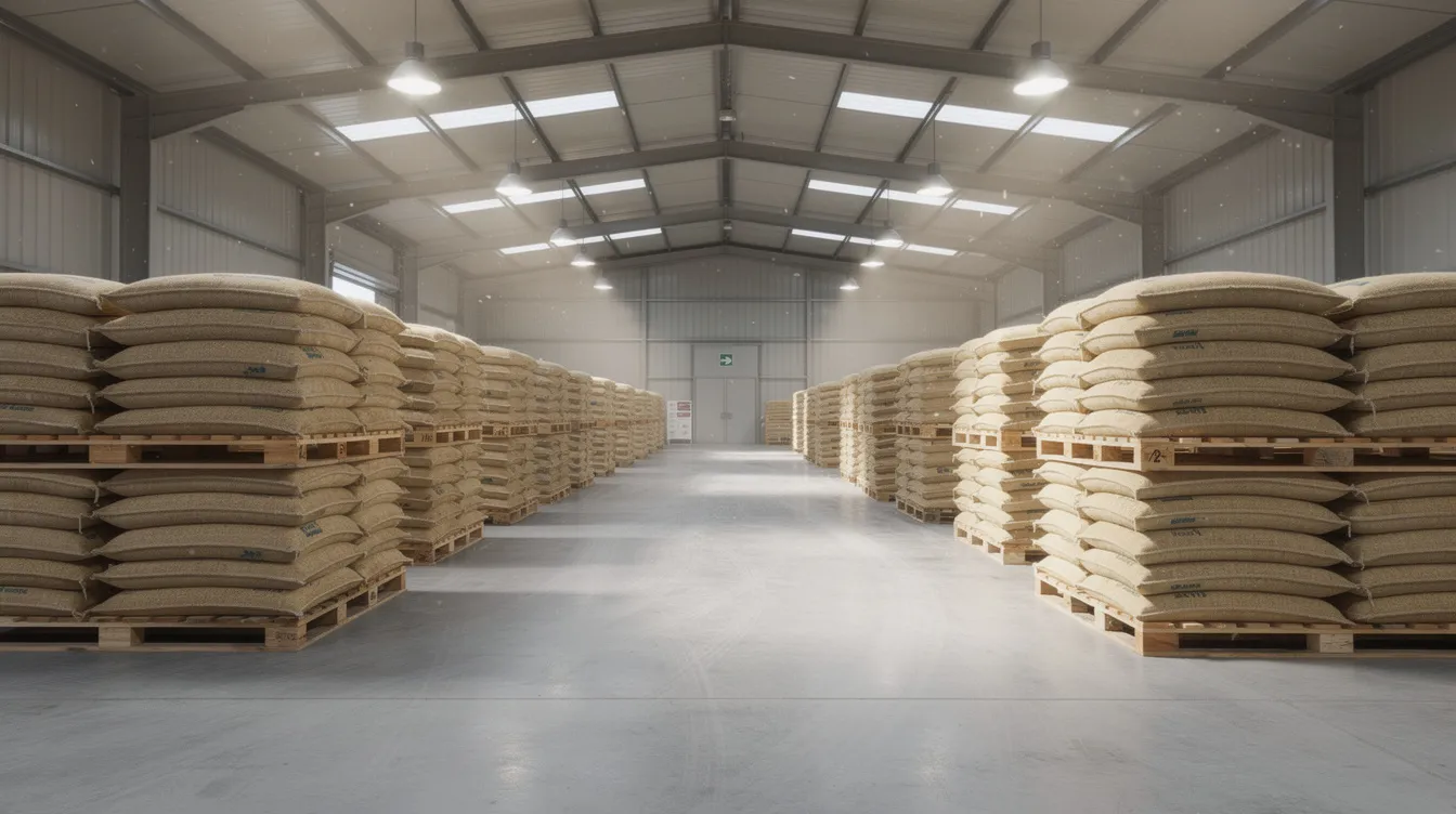 The image depicts a spacious pulse processing plant interior, featuring neatly stacked jute bags of pulses on wooden pallets, with clear forklift paths for efficient movement between the rows. This organized layout highlights the essential elements of pulse cleaning and storage in the food industry, emphasizing quality and energy efficiency.