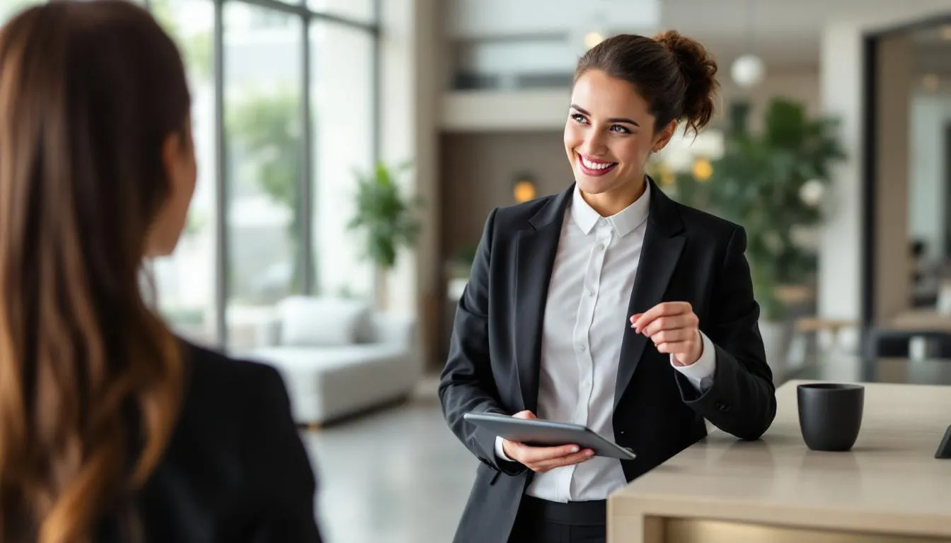 A hotel staff member is using a tablet to assist guests, showcasing the integration of technological innovation in the hospitality industry. This personalized service enhances guest experiences, reflecting current trends in the global hospitality sector.