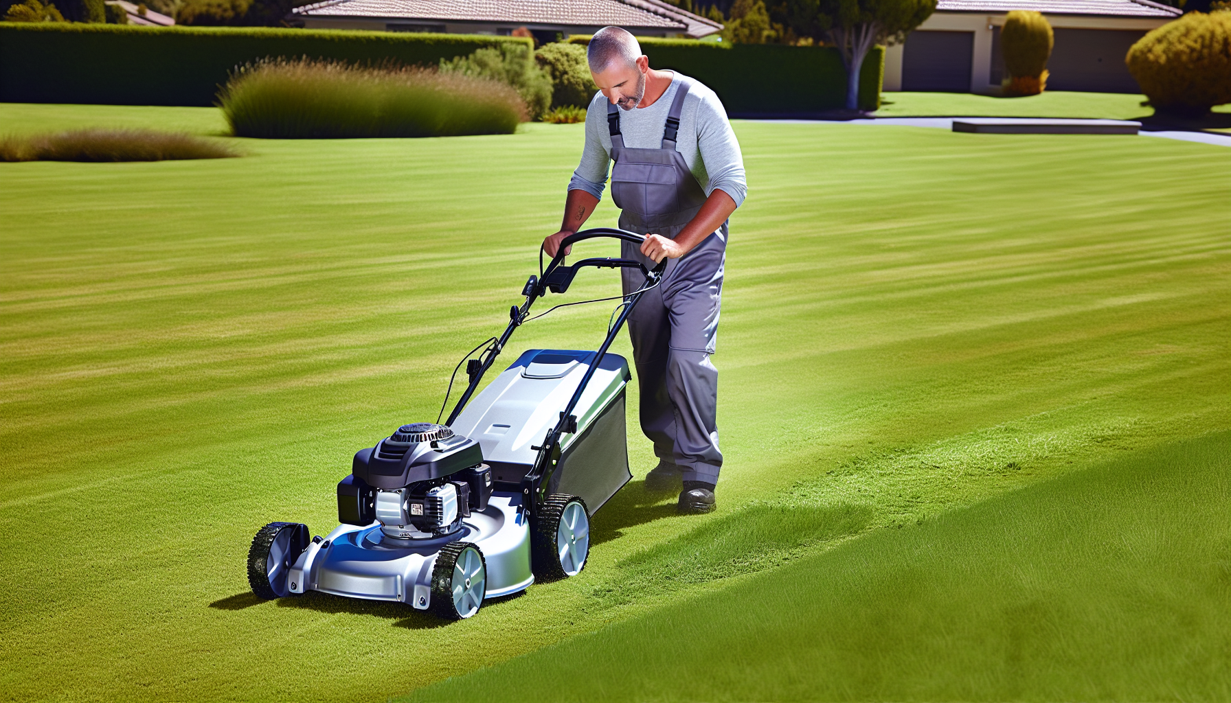 Gas-powered lawn mower in action on a large grassy area