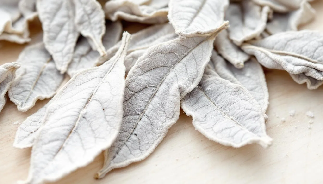 In der Abbildung sind getrocknete weiße Salbeiblätter zu sehen, die durch ihre charakteristische silbrig-weiße Farbe auffallen. Diese Blätter, die oft zum Räuchern verwendet werden, sind Teil von Reinigungszeremonien und tragen zur Schaffung einer harmonischen Raumatmosphäre bei.