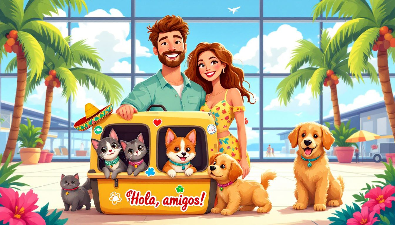 Flying to Mexico with pets, showcasing a pet carrier and an airport setting.