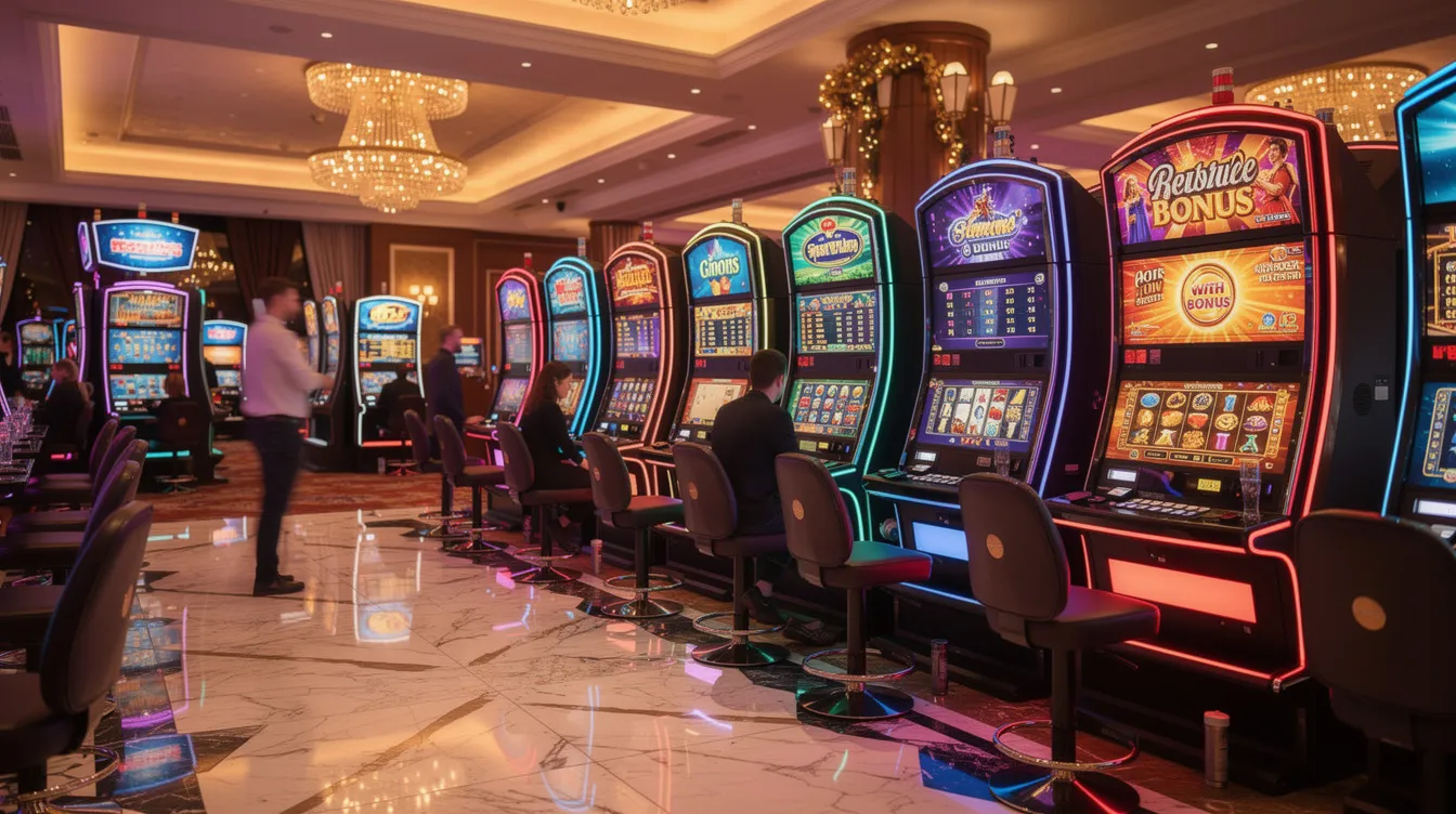 The image depicts a vibrant casino gaming floor filled with colorful slot screens, showcasing various slot games and lively players enjoying their gaming experience. This lively atmosphere reflects the excitement often associated with rolling slots casinos, where gamblers can explore a wide array of online slots and table games.