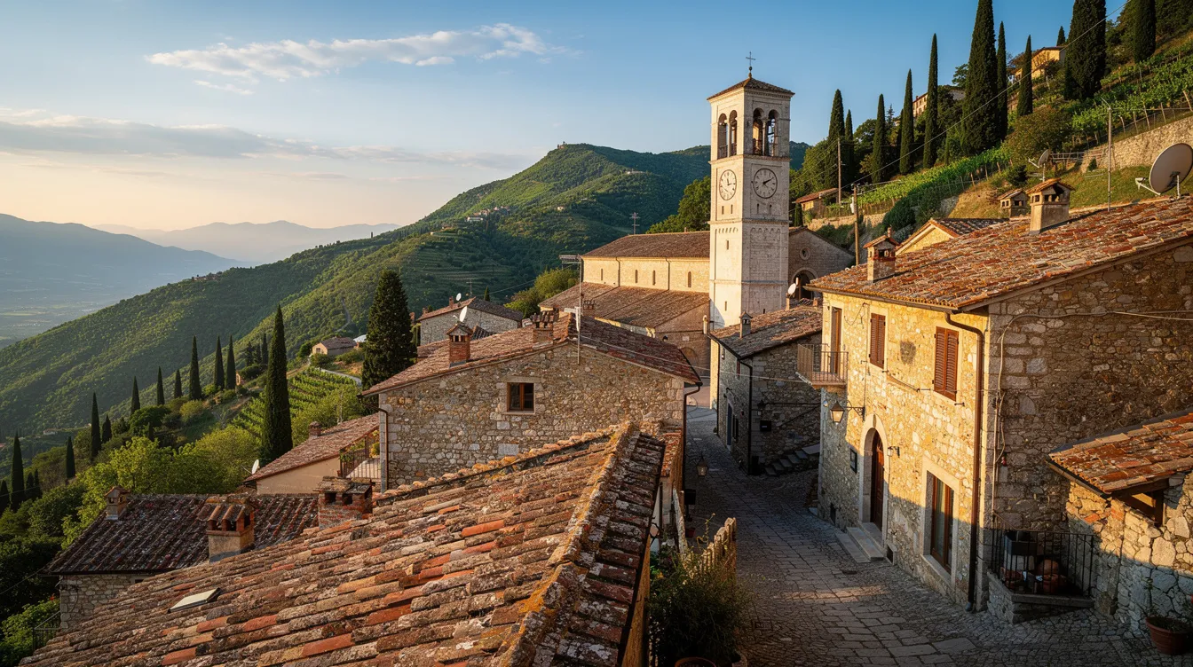 Retirement in Italy: Visas, Taxes, Property & Practical Steps (2027 Guide) 4 A picturesque Italian village features charming stone buildings set against a lush green mountainside, highlighted by a prominent church bell tower. This serene scene embodies the allure of retiring in Italy, where foreign retirees can enjoy a rich culture and a peaceful lifestyle amidst stunning landscapes.