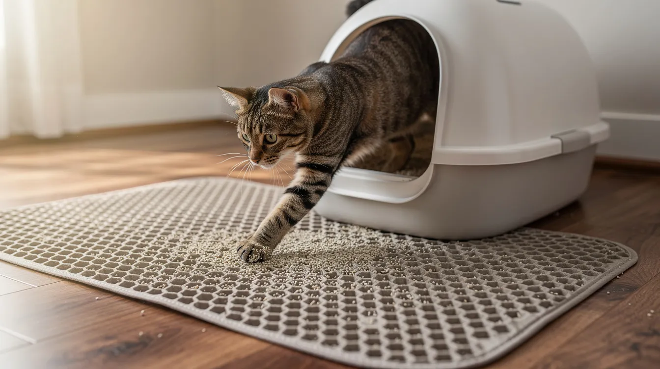 A tabby cat is stepping out of a covered litter box onto a textured cat litter mat, designed to trap litter and keep floors clean from scattered litter granules. The hardwood floor beneath adds warmth to the scene, while the mat's deep grooves help collect any mess from the cat's paws.