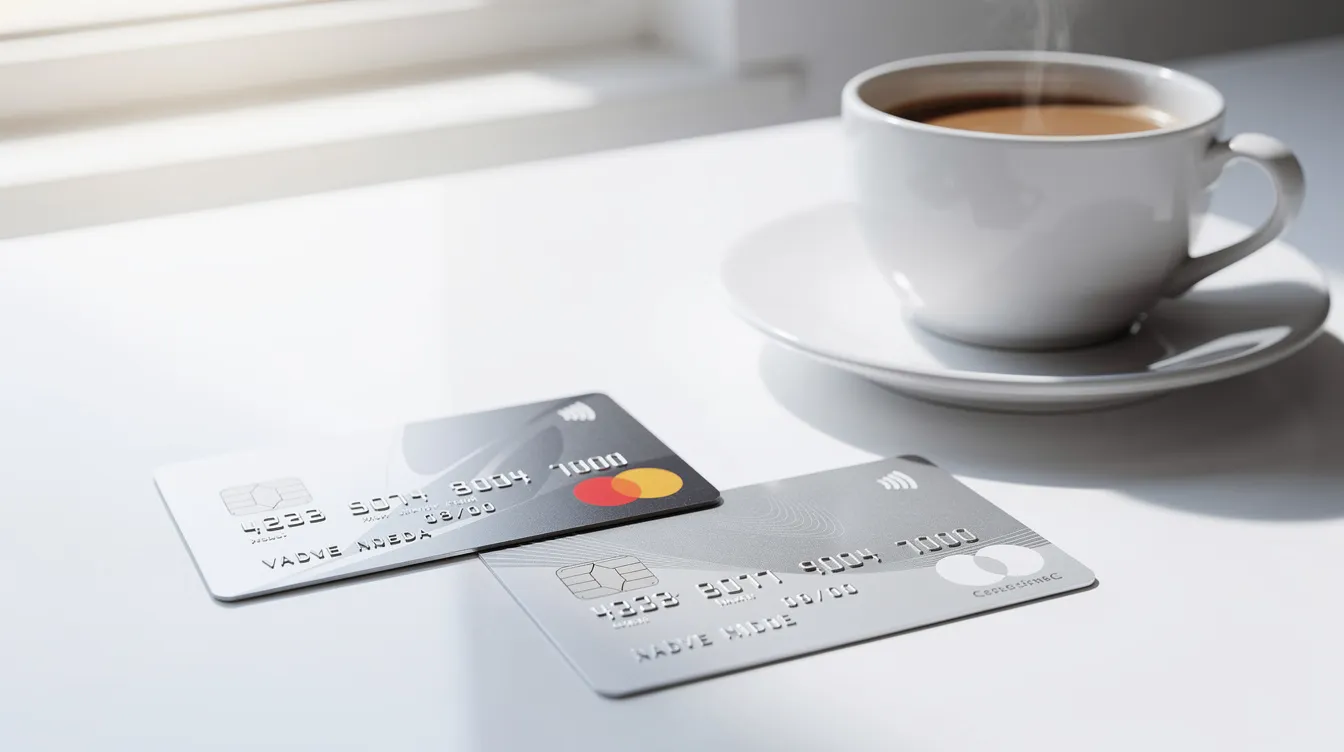The image shows two payment cards, one a Payoneer Mastercard and the other a Visa card, placed next to a coffee cup on a white surface. This scene suggests a casual setting for managing online payments and international transfers, highlighting the convenience of using payment solutions for businesses and freelancers.