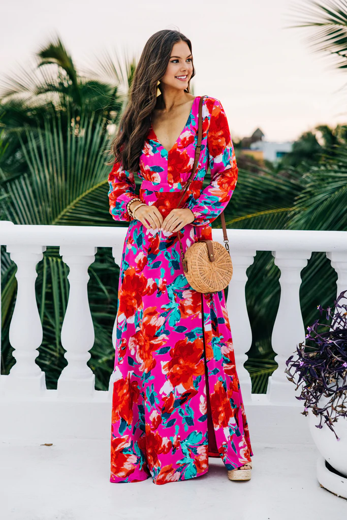 Fuchsia Pink Floral Maxi Dress paired with wedges