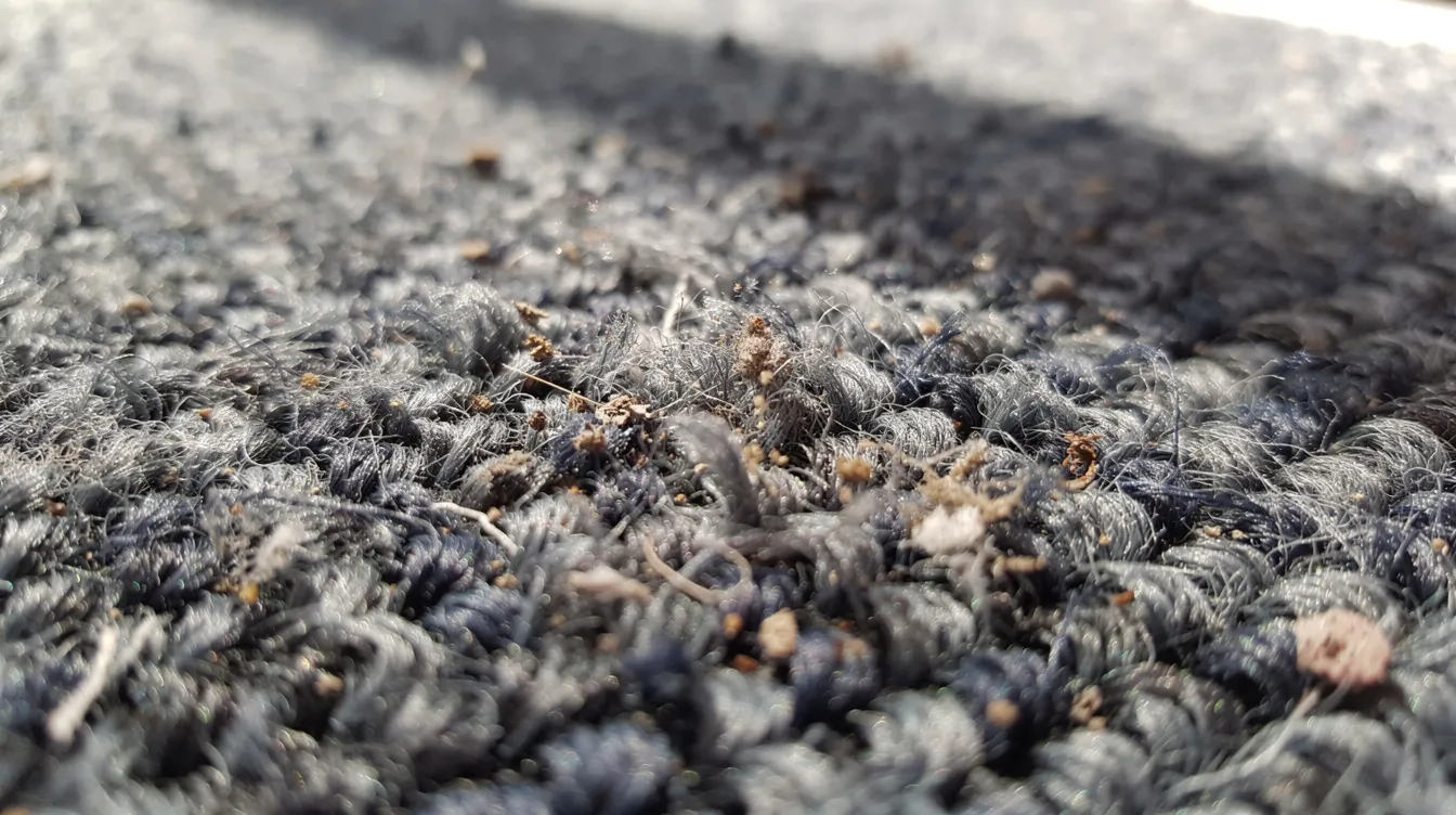 The image shows a close-up view of commercial office carpet fibers illuminated by natural light, revealing embedded dust particles and allergens. This highlights the importance of professional carpet cleaning services to improve indoor air quality and maintain clean carpets.