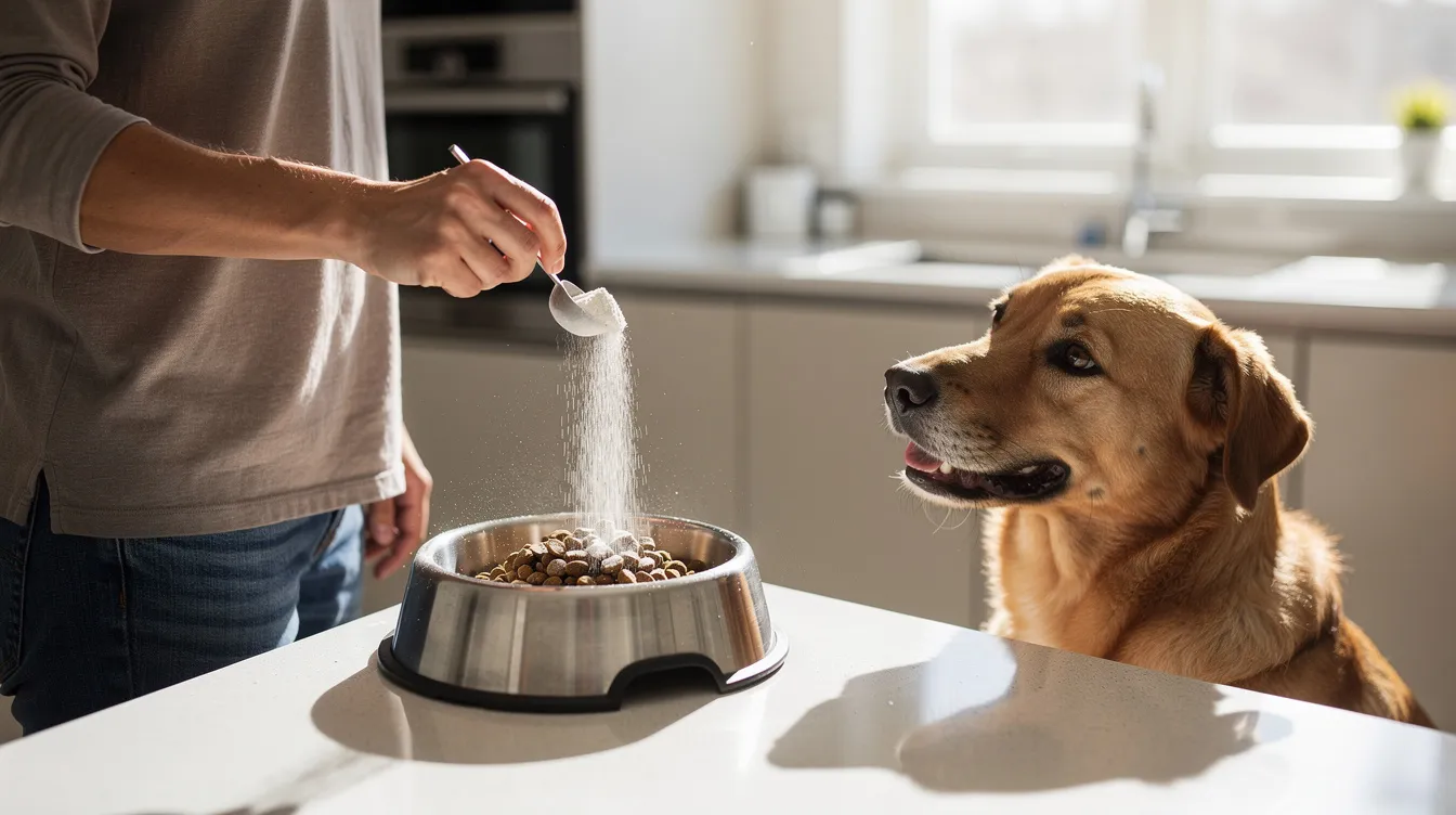 A person is mixing green lipped mussel powder into a dog's food bowl on a kitchen counter, aiming to support joint health and improve mobility for their pet. The supplement, rich in omega-3 fatty acids and beneficial nutrients, is part of the dog's daily routine to help alleviate stiffness and joint pain.
