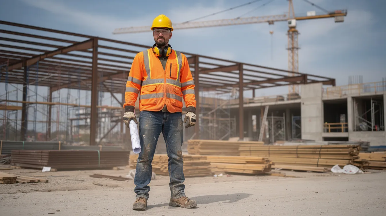 The image depicts a construction worker wearing a hard hat and safety gear, actively engaged on a job site surrounded by construction materials and equipment. This scene highlights the importance of safety in various work environments, much like how personal injury claims can arise from accidents in such settings.