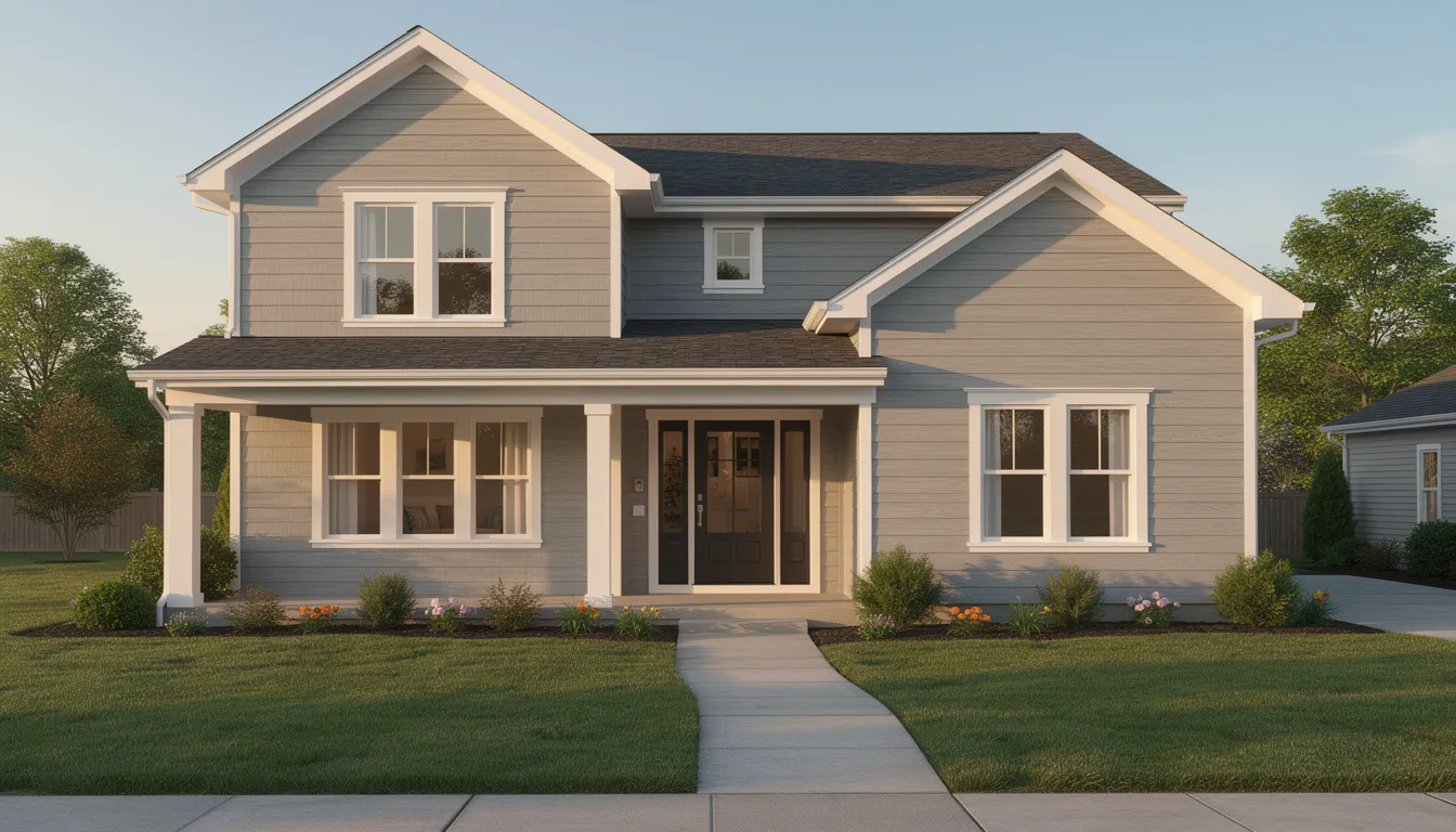 The image depicts an American-style home featuring James Hardie siding on the front, showcasing the durable and low-maintenance fiber cement siding that enhances the home's curb appeal. The exterior is painted in a warm color, highlighting the home's architectural details and the quality of the Hardie board siding.