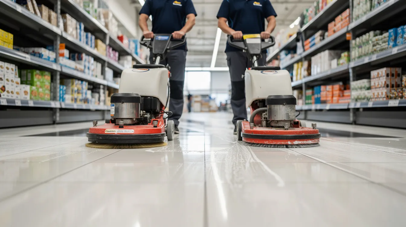 A professional cleaning team is seen in close-up, diligently using commercial floor scrubbing equipment on polished tile in a large retail space, showcasing their attention to detail and commitment to providing exceptional service. This image highlights the expertise of cleaning professionals dedicated to maintaining a sparkling clean environment for commercial clients.