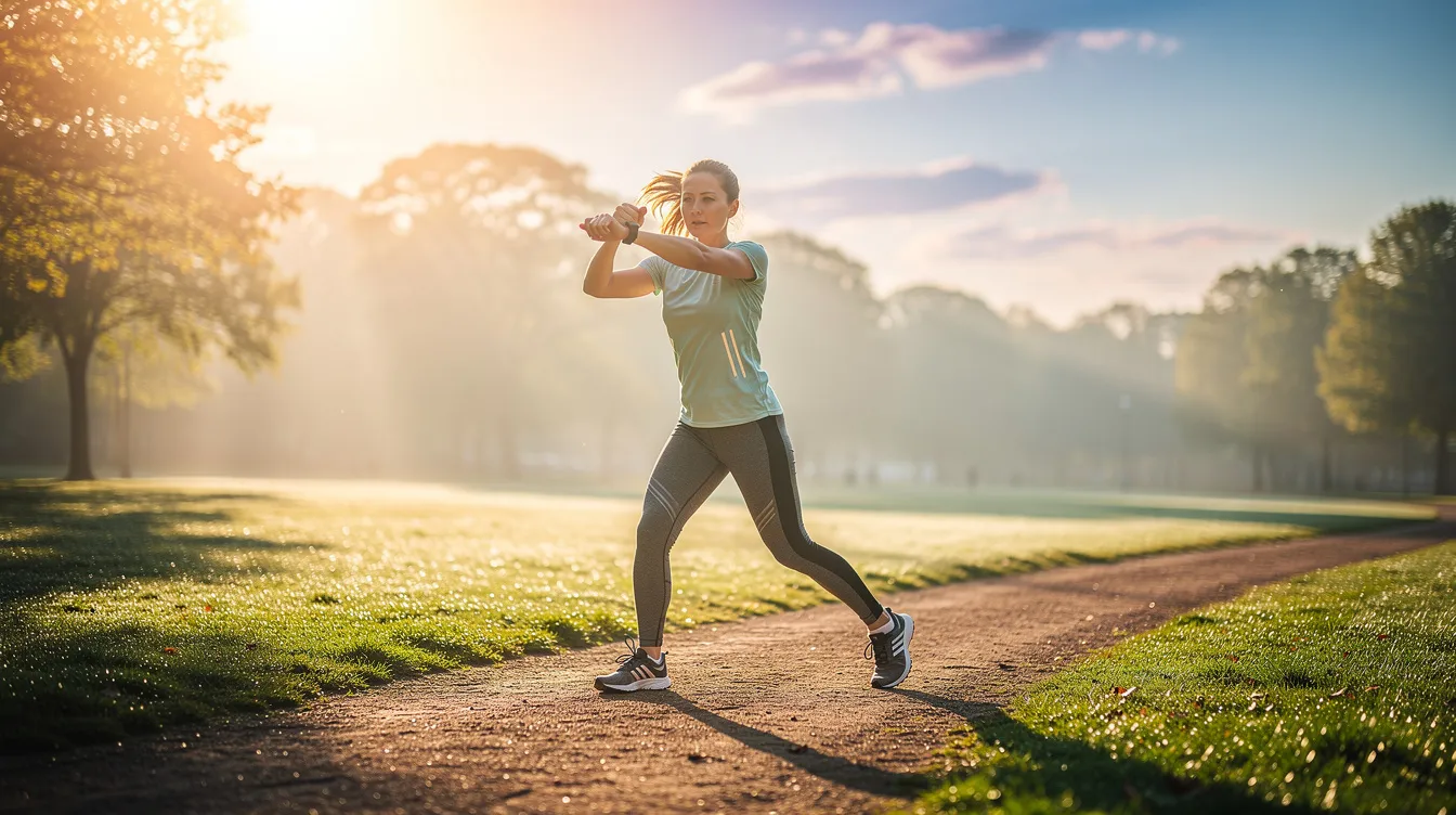 A person is exercising outdoors in the morning sunlight, showcasing the importance of physical activity for promoting healthy sleep habits and improving mental health. The bright environment highlights the positive effects of sunlight on mood and the potential benefits for those experiencing sleep difficulties or mental health disorders.