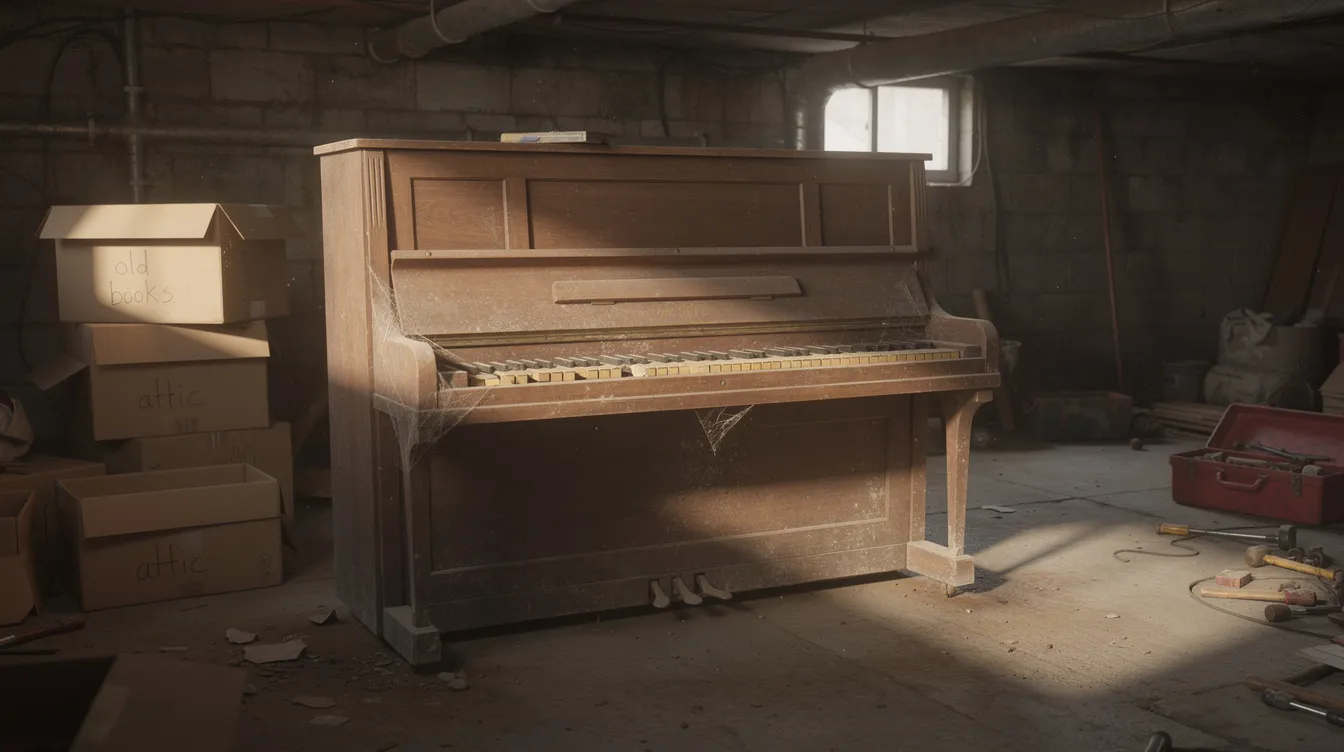 The image depicts an old, dusty upright piano surrounded by clutter in a basement, with various boxes and tools scattered around it. This scene highlights the challenges of piano removal, emphasizing the need for professional piano moving services to ensure safe transport and handling of such expensive instruments.