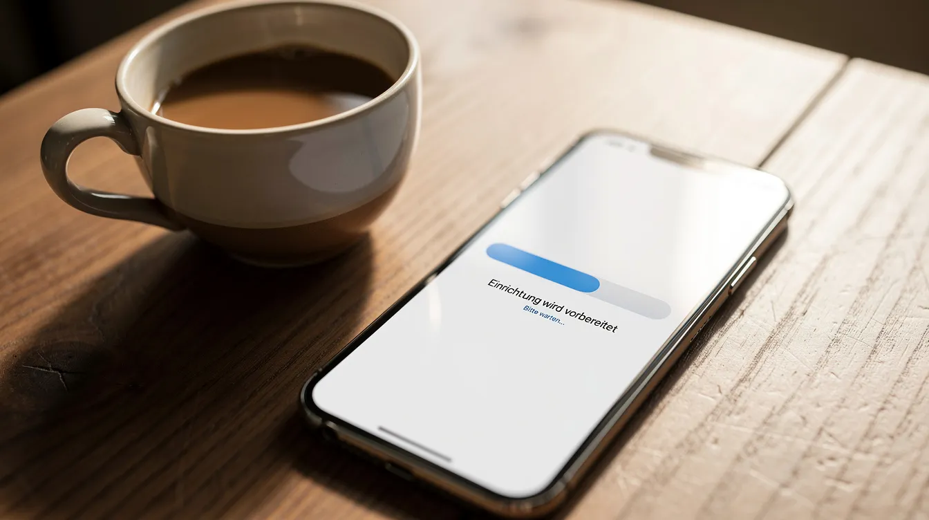Ein Smartphone liegt neben einer Kaffeetasse auf einem Tisch, während der Bildschirm einen Ladebalken anzeigt, der auf die Einrichtung des Geräts hinweist. Diese Szene könnte für Nutzer von iPhones relevant sein, die ihre Systemdaten löschen oder Speicherplatz freigeben möchten.