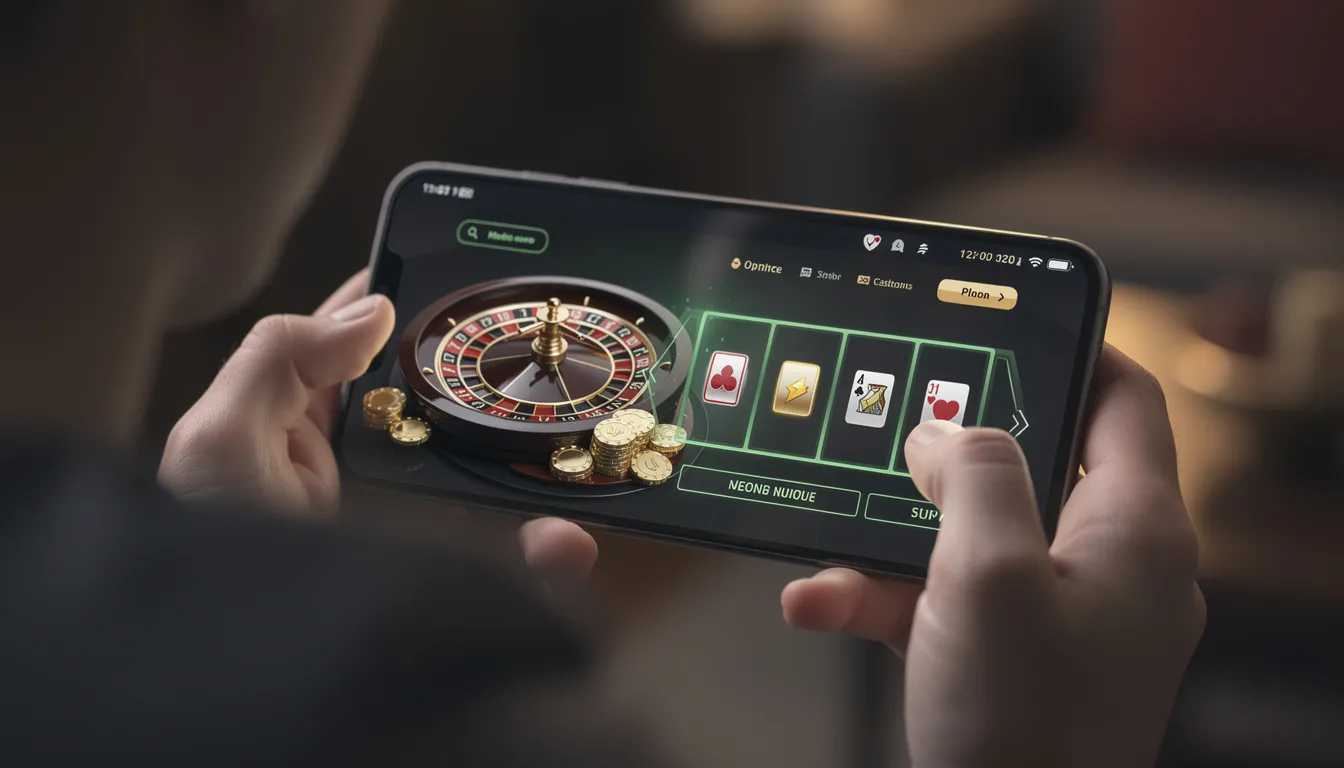 En person använder en smartphone för att navigera på en mobil casino-webbplats med en ren och mörk design. Denna plattform, hos klirr casino, erbjuder snabba uttag och ett stort spelutbud för spelare som vill spela ansvarsfullt.