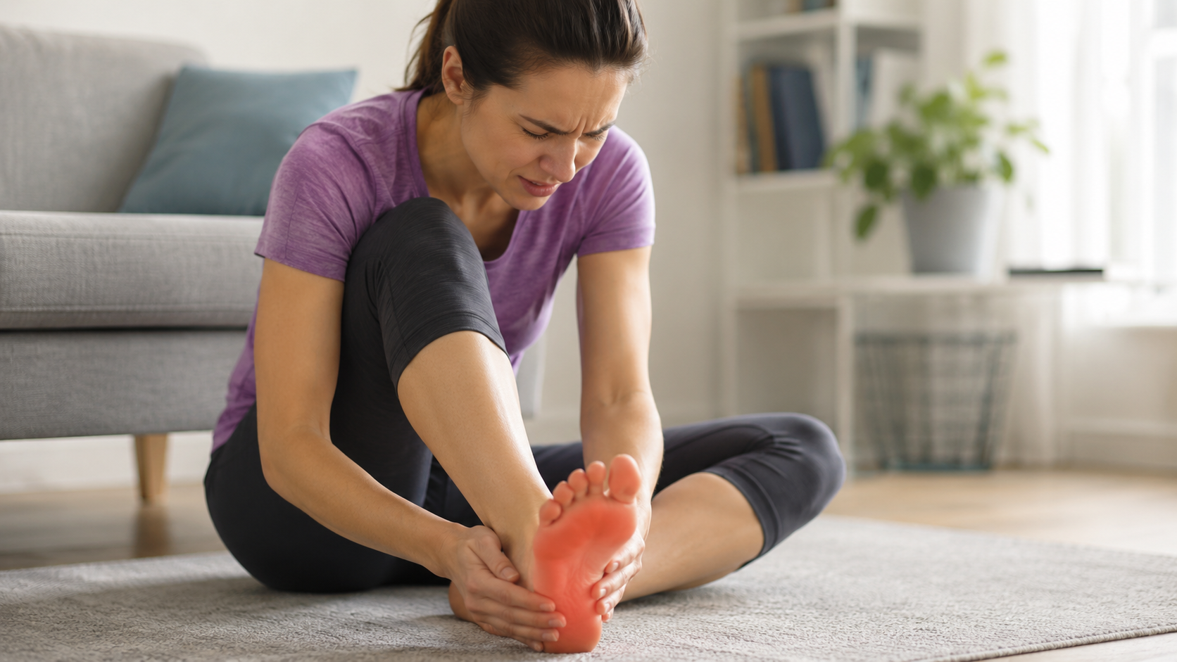 Woman experiencing burning heel and arch pain while sitting at home.