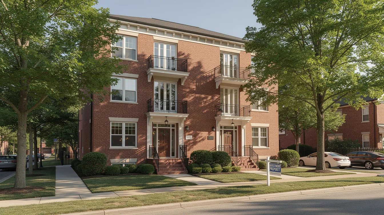 The image depicts a red brick duplex apartment building situated on a tree-lined street, symbolizing an investment property ideal for real estate investing. This property represents potential financial opportunities such as home equity financing and the ability to borrow money for future investments.